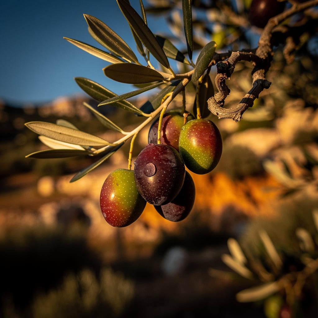 Ripe olives and silver leaves on a branch, backlit by the setting sun