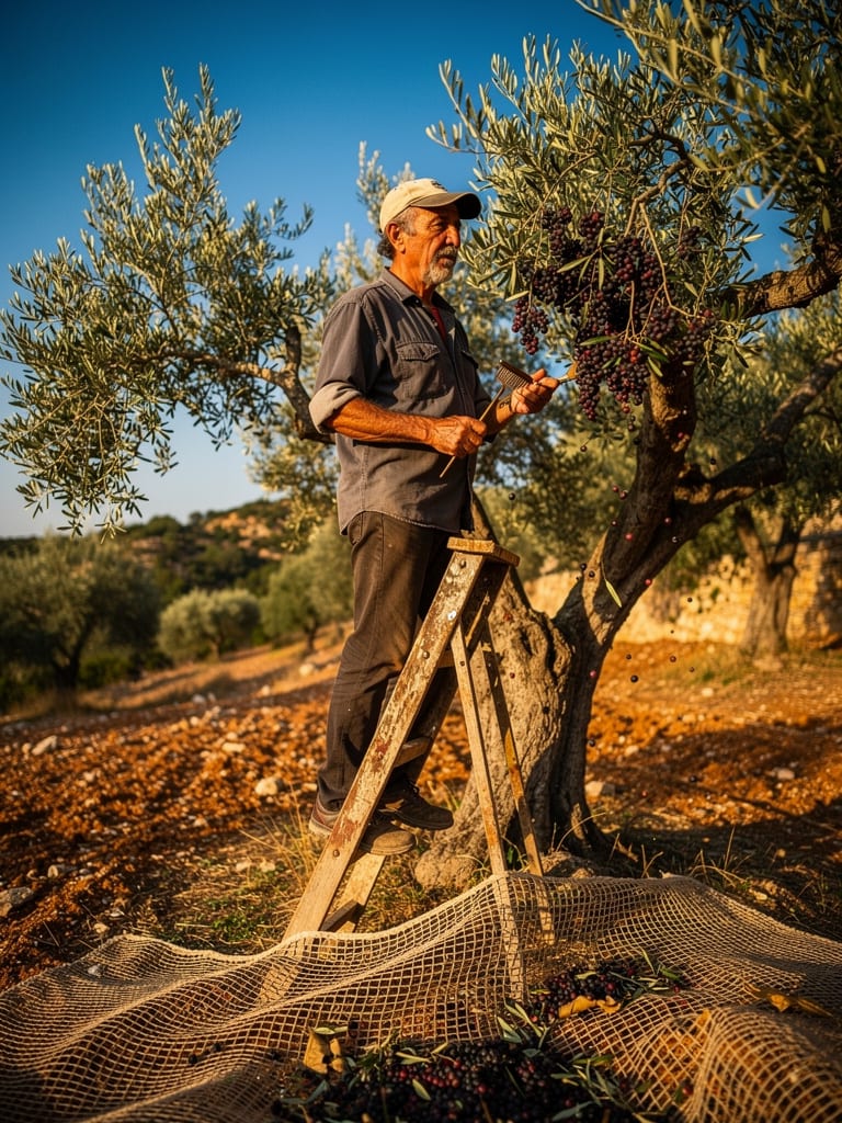 A harvester in the branches combs ripe olives into a net spread beneath the tree