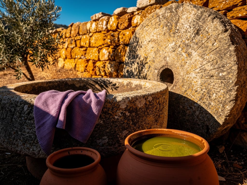 An old stone olive mill wheel beside clay jars filled with fresh oil