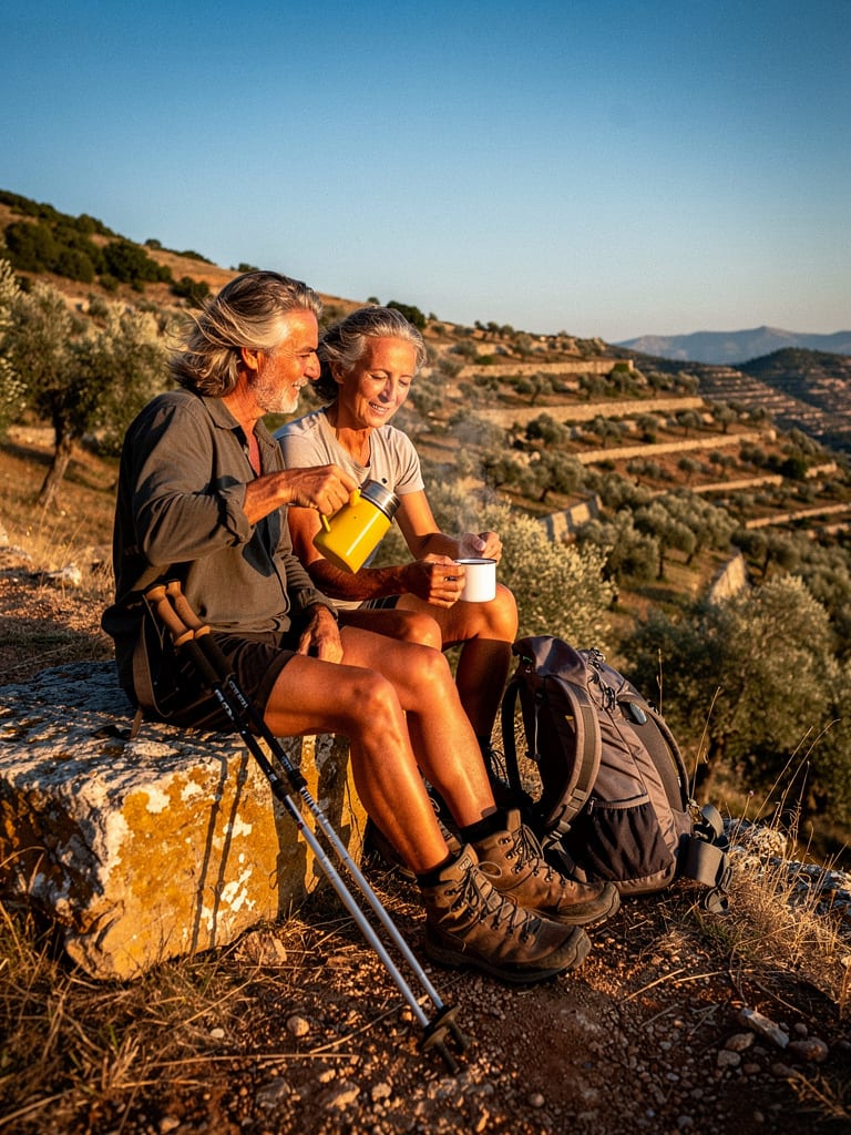 Two hikers rest on a ridge and share a drink from a yellow flask