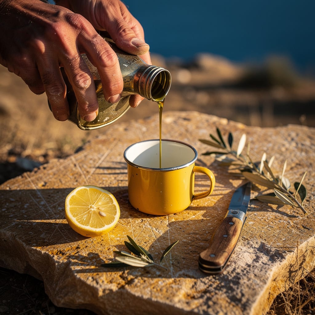 Weathered hands pour golden olive oil into a yellow enamel cup with fresh lemon on a flat rock